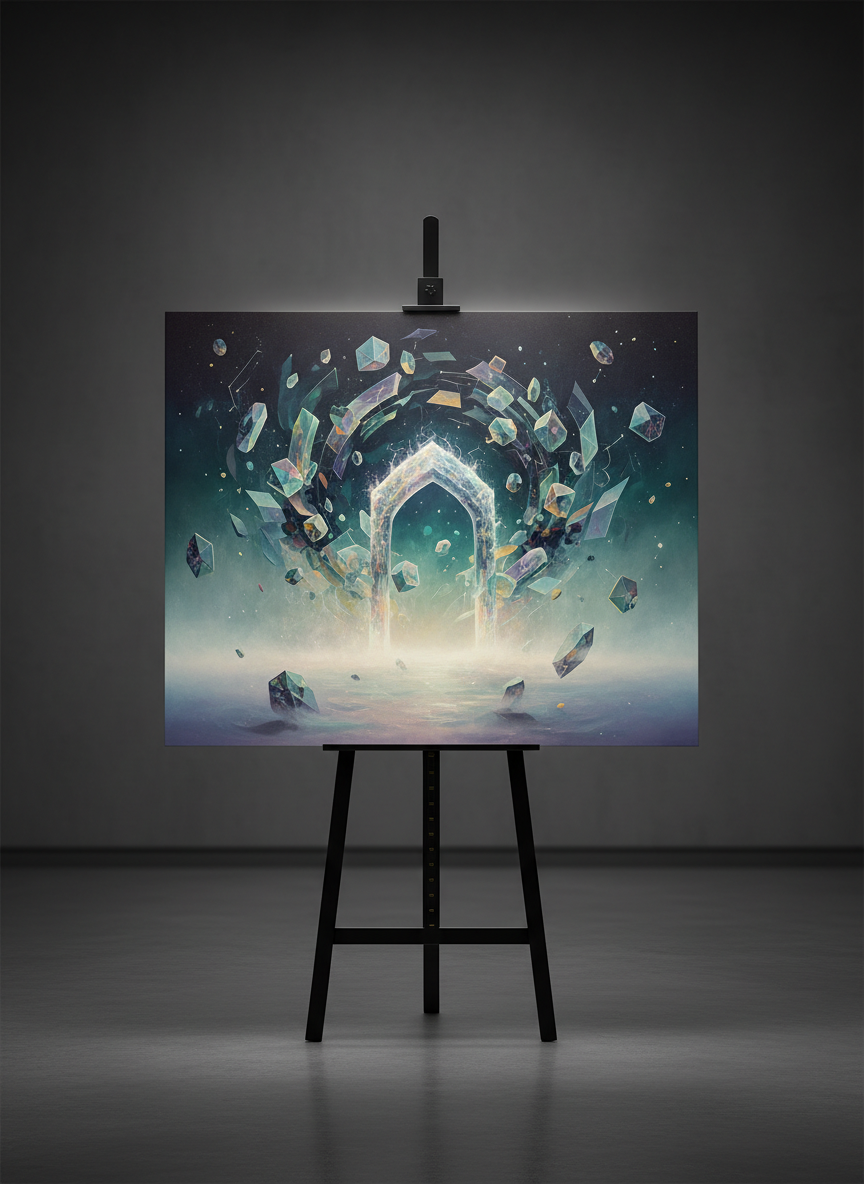 A sleek black metal easel supports a large canvas filled with surreal, dreamlike abstract art: floating geometric shapes, faint constellations, and a single glimmering doorway dissolving into mist. The easel stands in an otherwise empty, matte charcoal gallery space with polished concrete flooring that subtly reflects the artwork’s colors. Soft, diffused studio lighting from above and behind the canvas creates a quiet halo around its edges, emphasizing texture and brushwork while leaving the room in gentle shadow. Photographic realism, eye-level composition with the canvas centered and sharp in focus, background falling into a soft blur. The mood is sophisticated, enigmatic, and contemplative, inviting viewers to wonder when they last let themselves drift into imagination.
