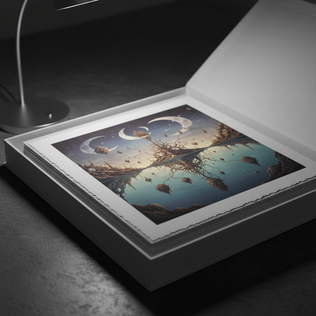 A pristine, matte-white portfolio box lies open on a smooth, dark stone surface, revealing an impeccably arranged stack of large-format art prints. The top print shows a highly detailed, surreal landscape: a calm mirror-like pool reflecting an impossible sky filled with floating islands and fractured moons. Fine paper texture, deckled edges, and subtle color gradations are rendered in crisp photographic realism. A single slim silver desk lamp arcs from the side, casting a focused, cool-toned beam that illuminates the artwork and leaves the background in velvety shadow. Shot from a slightly elevated angle with shallow depth of field, the composition feels intimate, sophisticated, and quietly magical, as if the box contains the tangible remnants of someone’s most vivid dreams.