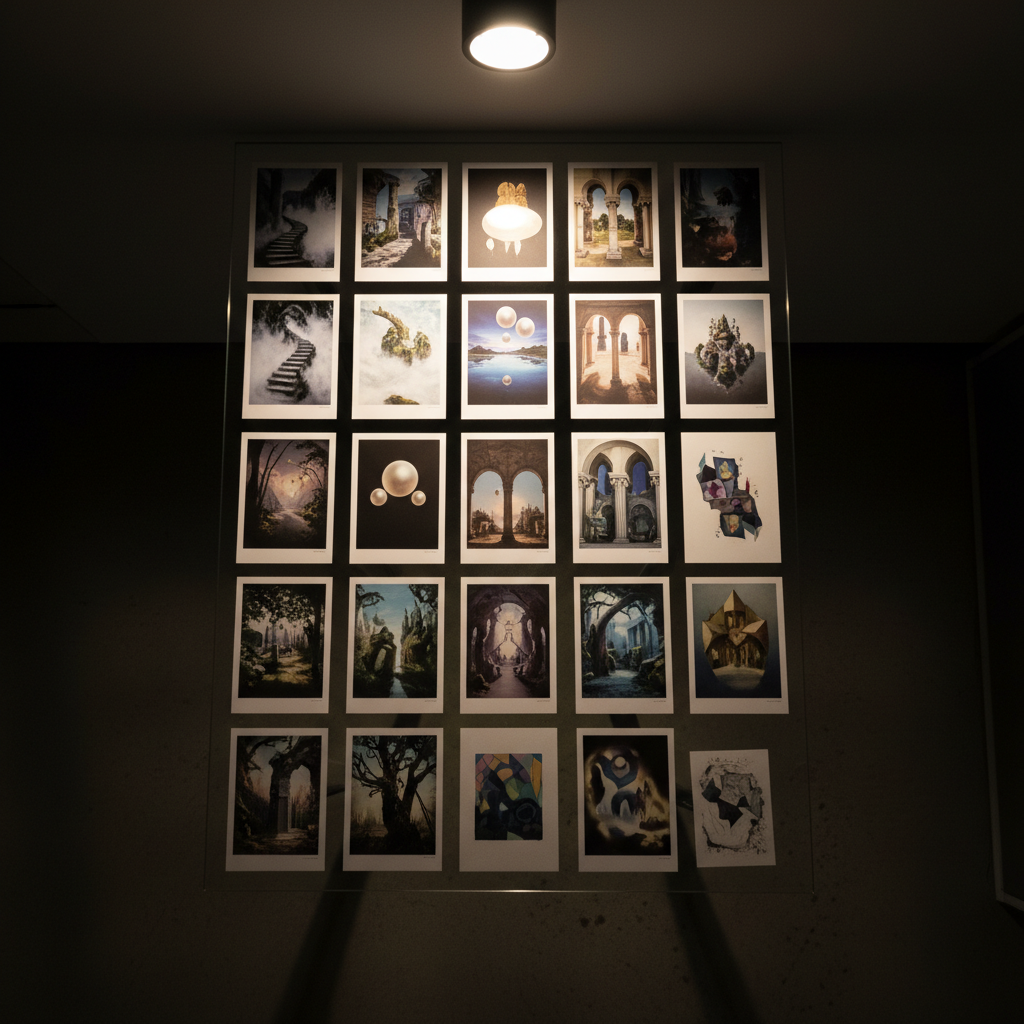 A modern, glass-topped table stands alone in a dark, minimalist room, holding a carefully arranged grid of small art prints and sketch cards. Each piece is a photographic reproduction of a different dreamlike scene: staircases fading into fog, luminous spheres hovering over calm water, and fragmented architectural details that almost make sense. The glass surface subtly mirrors the images, adding depth. Overhead, a single diffused spotlight creates soft, directional light, revealing textures while maintaining deep, quiet shadows around the table. Photographic realism, captured from a bird’s-eye perspective to emphasize order and curation. The mood is contemplative and sophisticated, suggesting a portfolio laid out for a discerning viewer to slowly explore the artist’s inner dreamworld.