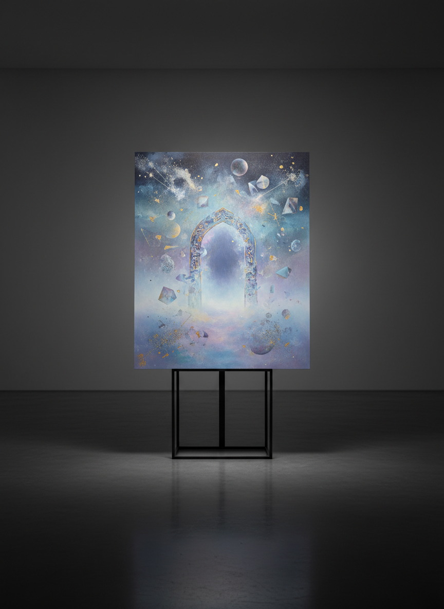 A sleek black metal easel supports a large canvas filled with surreal, dreamlike abstract art: floating geometric shapes, faint constellations, and a single glimmering doorway dissolving into mist. The easel stands in an otherwise empty, matte charcoal gallery space with polished concrete flooring that subtly reflects the artwork’s colors. Soft, diffused studio lighting from above and behind the canvas creates a quiet halo around its edges, emphasizing texture and brushwork while leaving the room in gentle shadow. Photographic realism, eye-level composition with the canvas centered and sharp in focus, background falling into a soft blur. The mood is sophisticated, enigmatic, and contemplative, inviting viewers to wonder when they last let themselves drift into imagination.