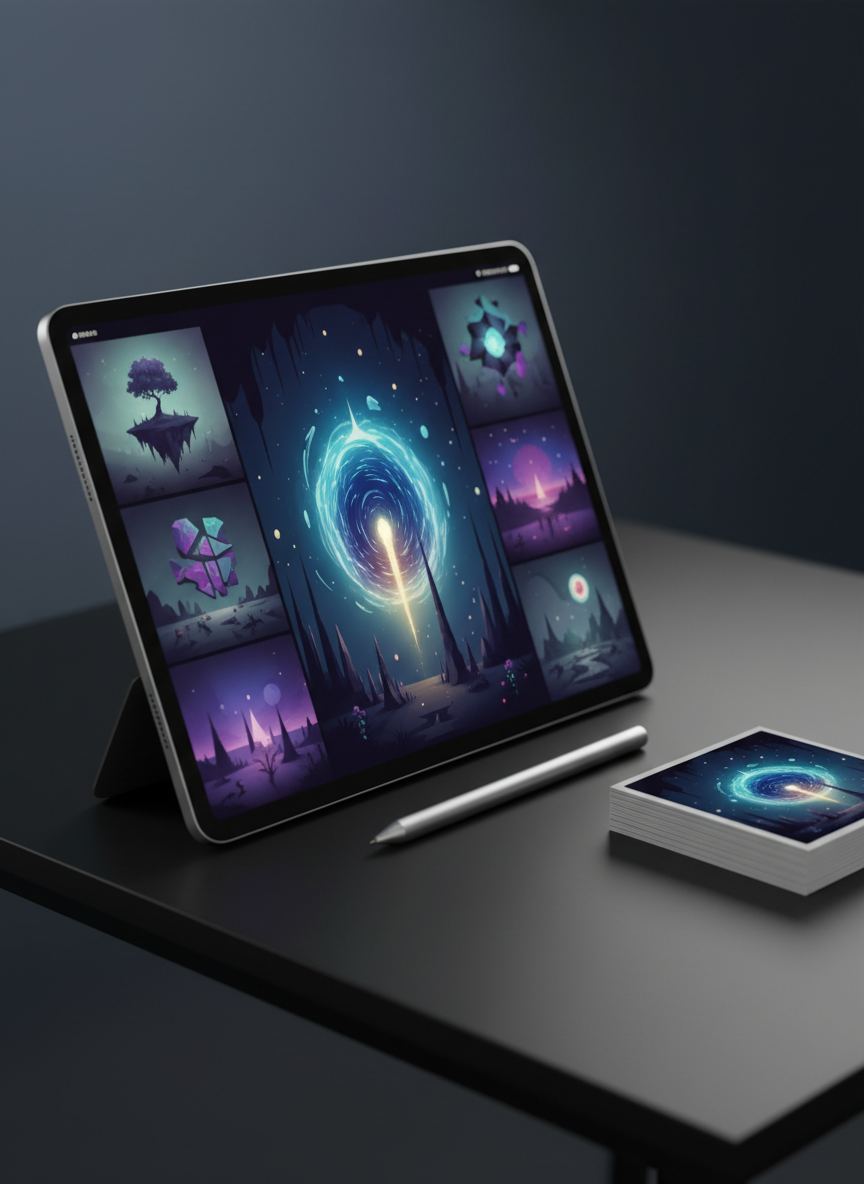 A slim, high-end digital tablet rests on a matte black desk, its screen displaying an open portfolio grid of artworks: richly detailed, dreamlike images with surreal lighting, muted jewel tones, and minimalist compositions. Next to the tablet lies a metal stylus and a single, neatly stacked pile of printed miniatures of the same artworks, showing continuity between digital and physical pieces. Soft, cool studio lighting from one side creates clean, subtle reflections on the tablet’s edge and a gentle gradient across the desk. Photographic realism, shot at a low, three-quarter angle with shallow depth of field, focusing on the central image of a glowing portal in a dark forest. The atmosphere is refined, modern, and slightly otherworldly, emphasizing a sophisticated, imaginative art practice.