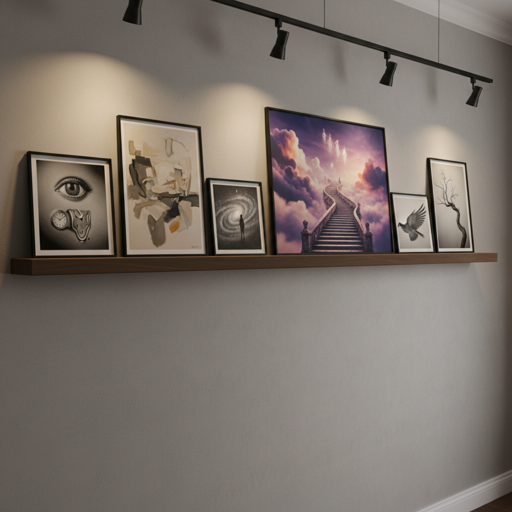 A long, minimalist floating shelf of smooth dark wood stretches across a neutral wall, holding a curated row of framed artworks: monochrome surreal photographs, muted-color abstract pieces, and a single vivid, dreamlike print showing a staircase leading into clouds. Each frame has a slim black border and non-reflective glass, rendered in precise photographic detail. Gentle, warm track lighting above casts controlled pools of light on each piece, leaving surrounding wall space in soft shadow. Shot from a slightly oblique angle using the rule of thirds, the composition emphasizes negative space and quiet elegance. The atmosphere is refined and introspective, suggesting a private portfolio gallery where each artwork feels like a fragment of a half-remembered dream.